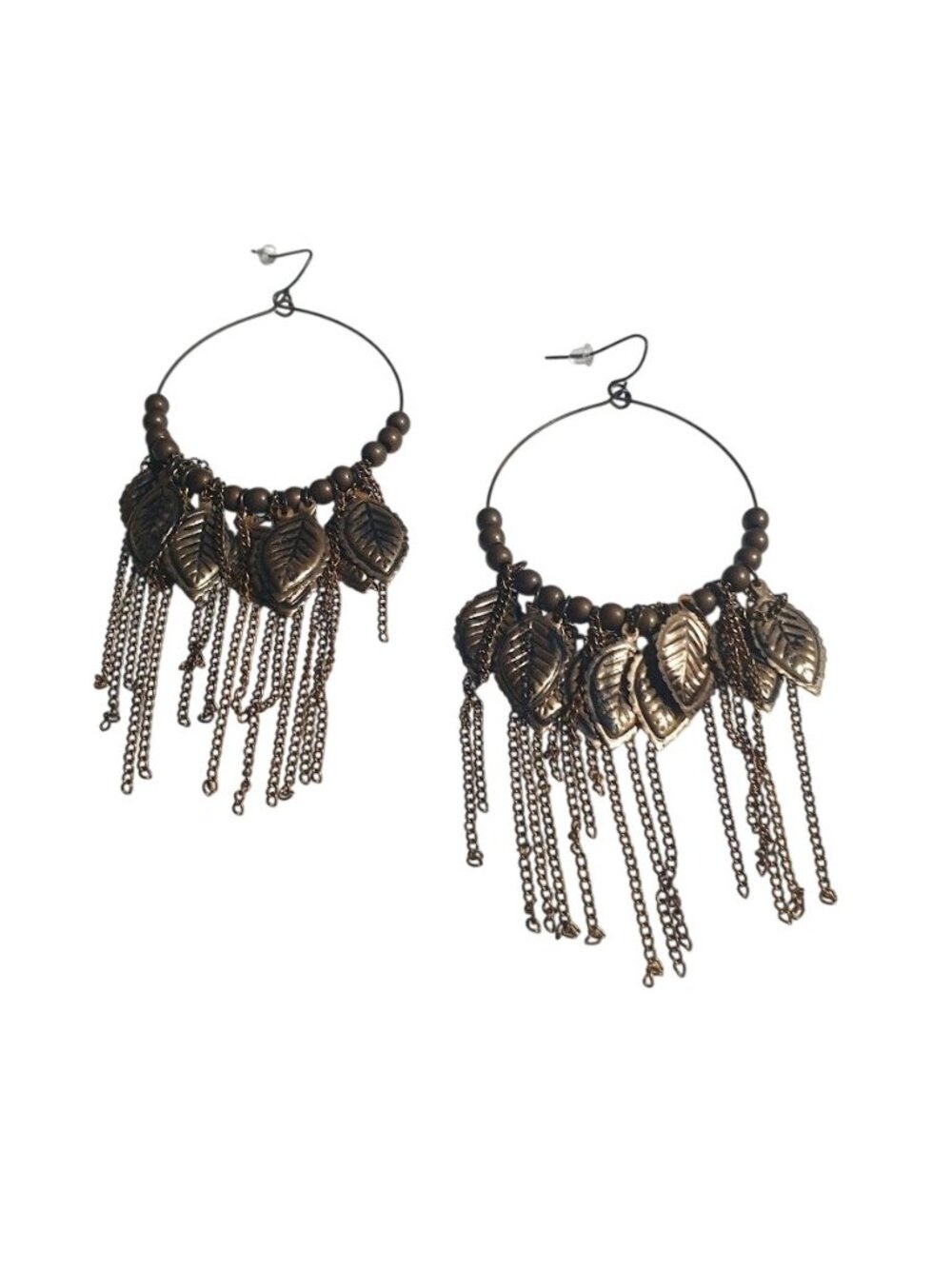 Bohemian Style Bronze Leaf Chain Dangle Earrings Vintage Bead Hoops Lightweight